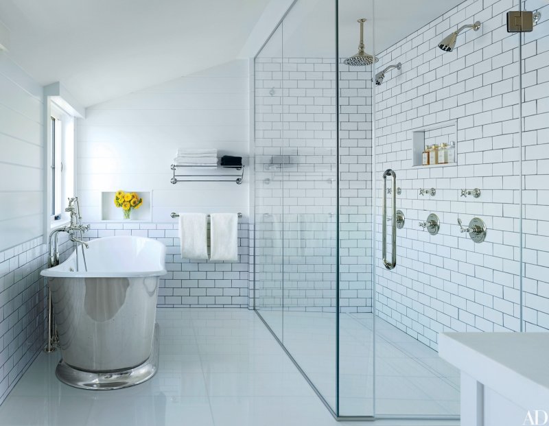 Shower with white tiles