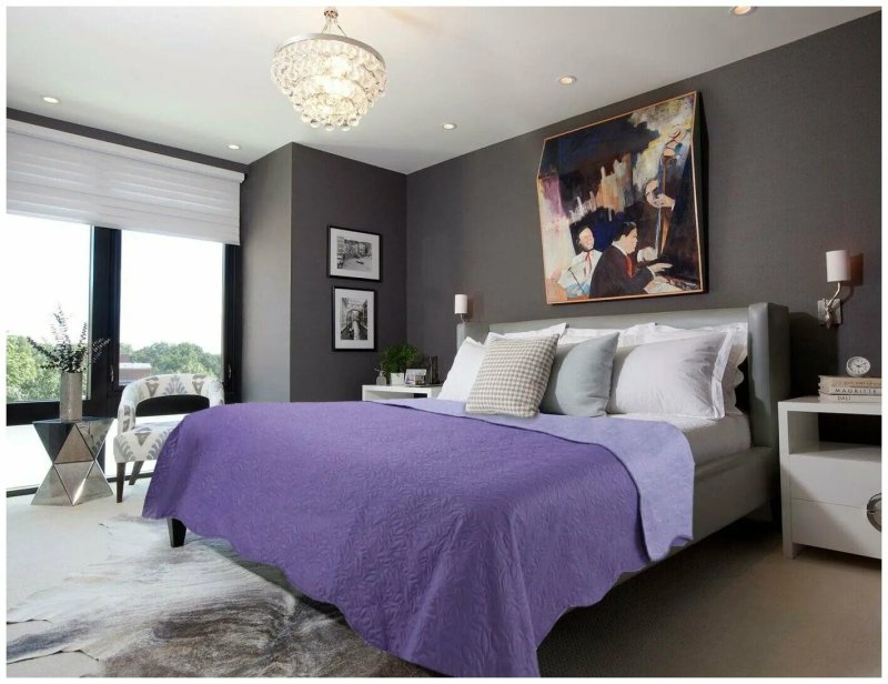 Modern design of a gently lilac bedroom