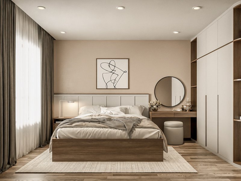 Bed in light tones in a modern style