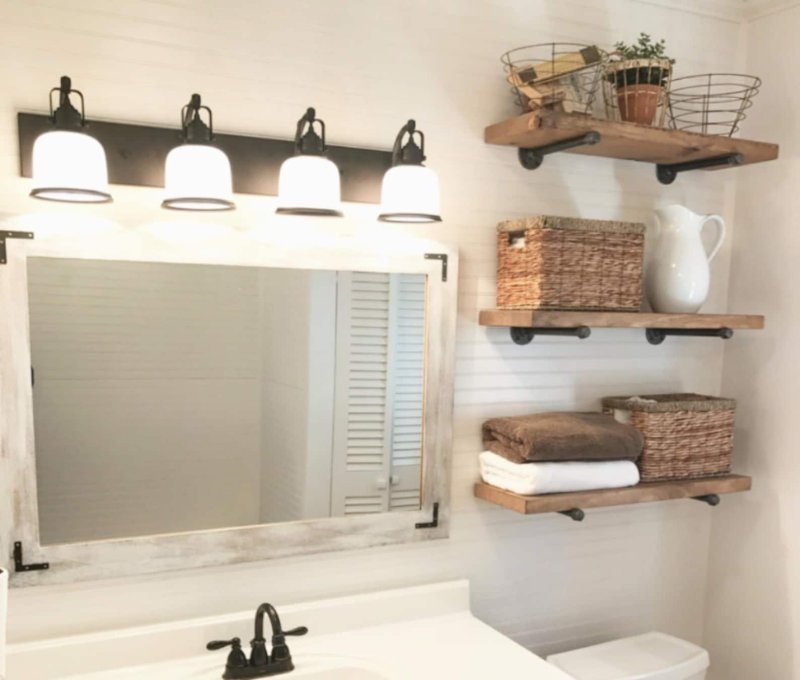 Wooden shelves in the bathroom