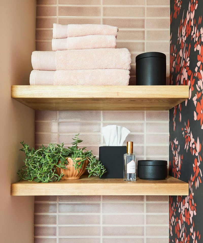 Wooden shelf in the bathroom