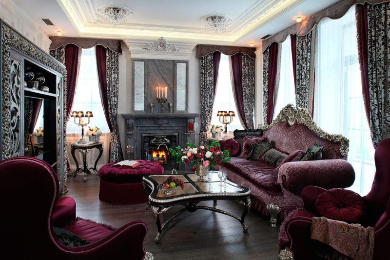 Victorian -style living room with fireplace