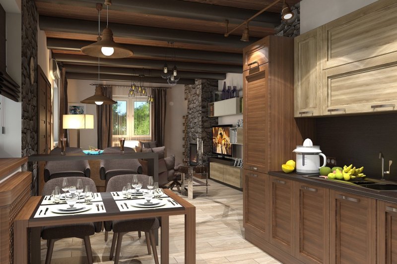 Kitchen living room in the style of chalet