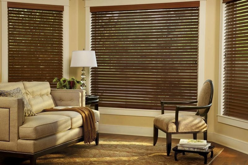 Wooden blinds in the interior of the living room