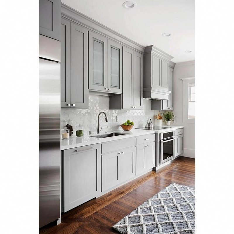 The gray color of the kitchen