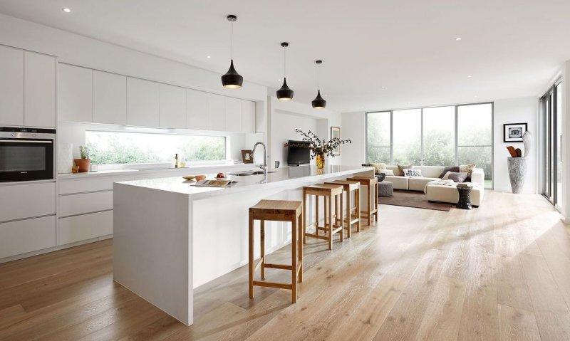 Kitchen living room in the Skandy style in a country house