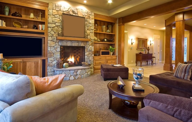 The living room with a fireplace