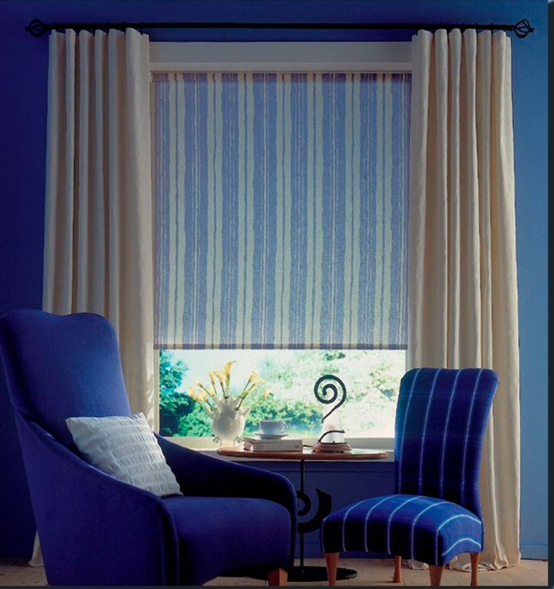 Blue blinds with curtains