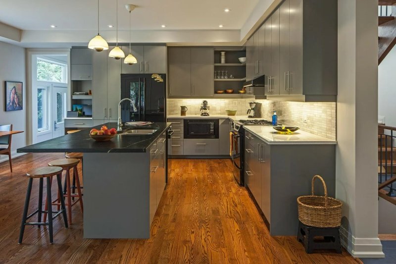 Gray kitchen in the interior combination