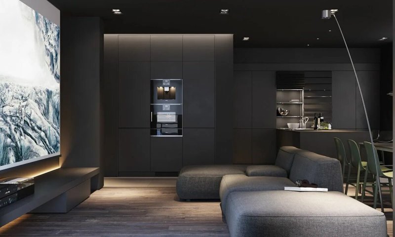 Kitchen living room in dark colors