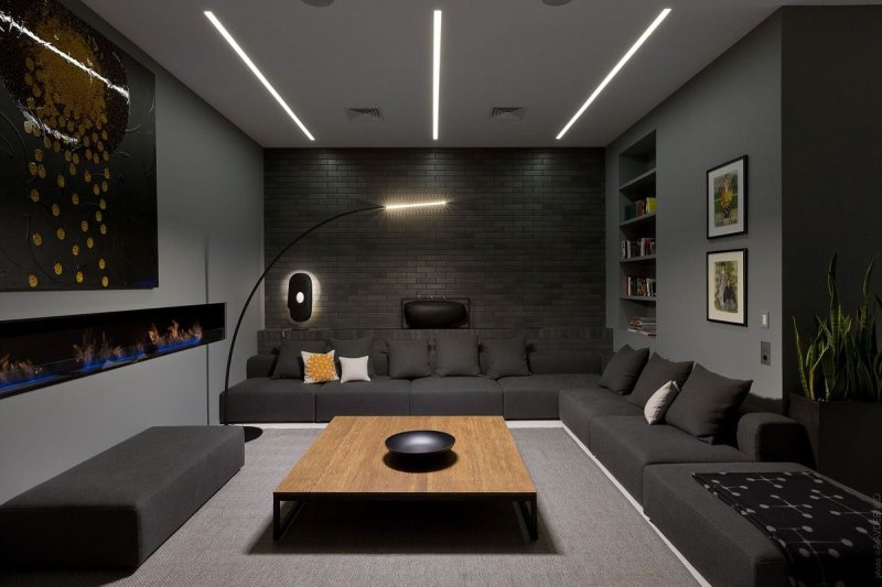 The dark interior of the living room