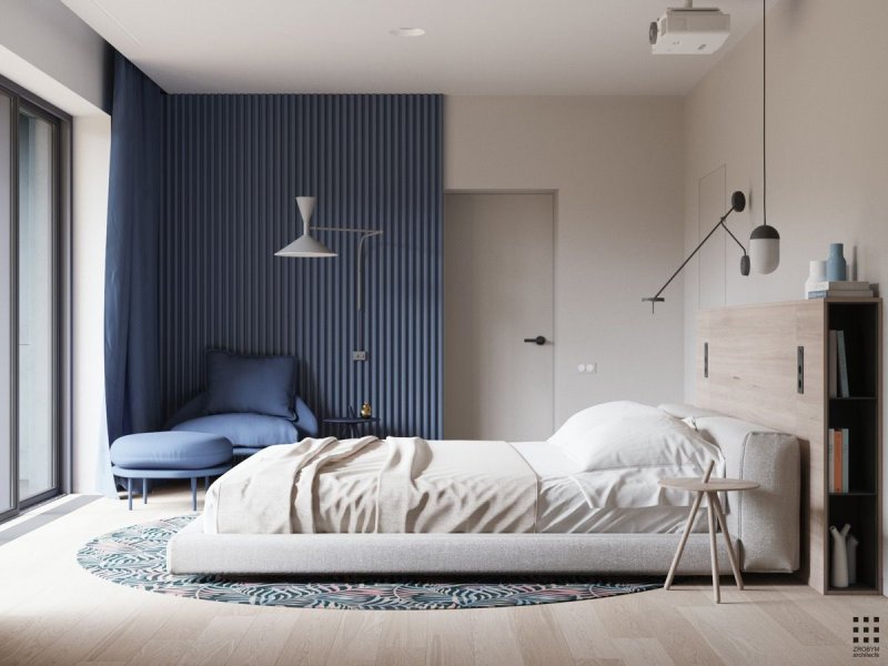 The interior of the bedroom in the style of minimalism