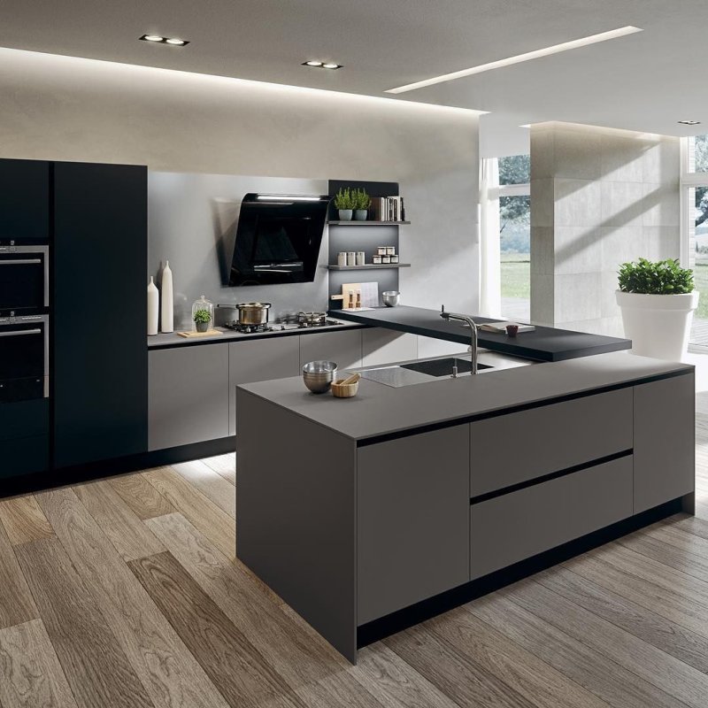 Corner kitchen with a island in a modern style