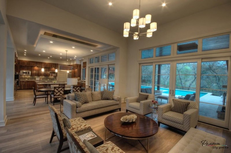 Living room kitchen design in a private house