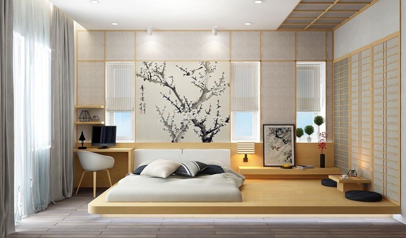 Japandy style in the interior of the bedroom