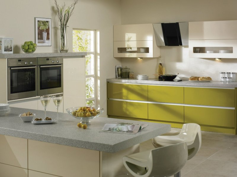 The interior of the kitchen is olive-filled