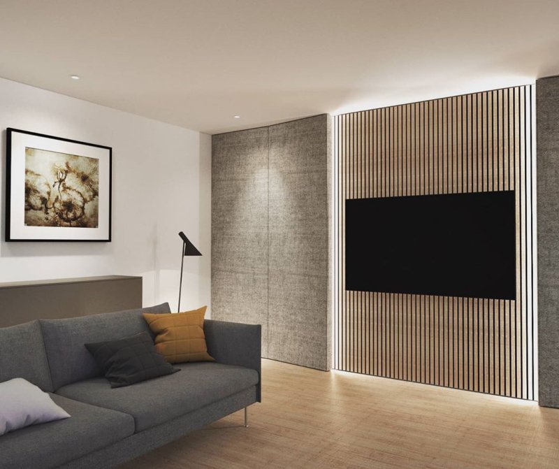 Wooden rails in the interior on the wall in the living room