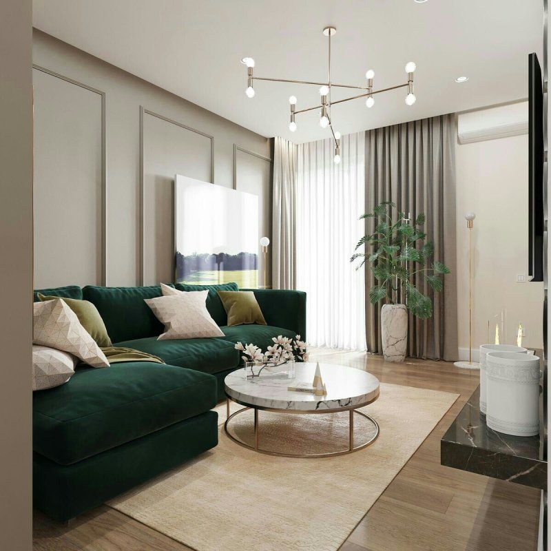 Living room interior with an emerald sofa