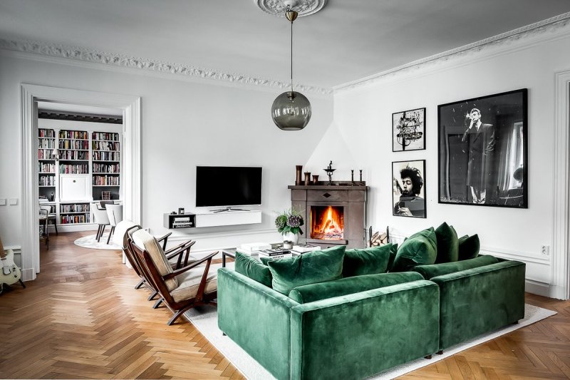 Interior with an emerald sofa