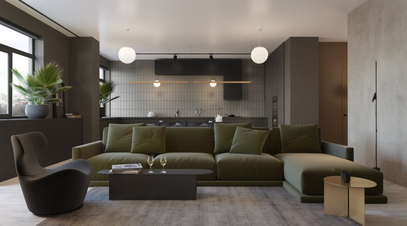 Living room with a green sofa