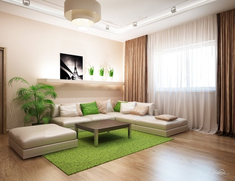 Living room in beige green colors