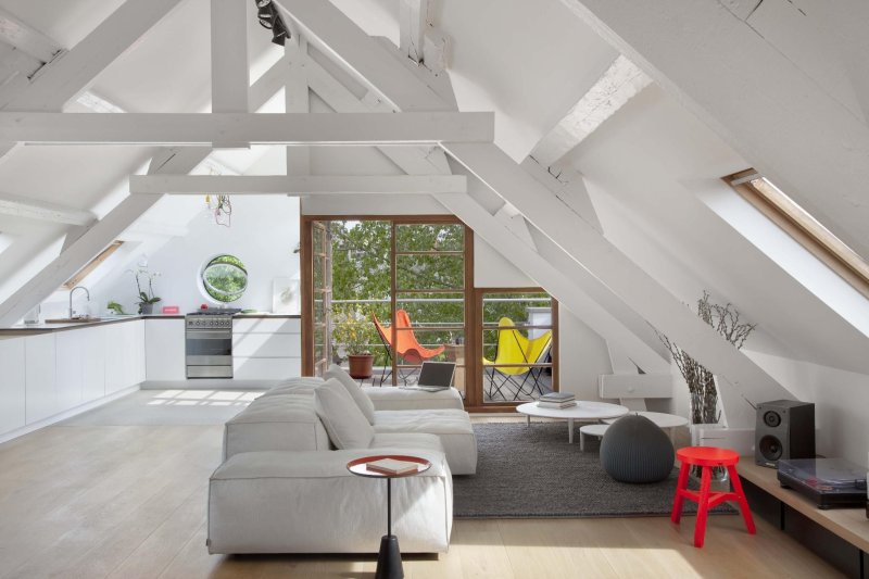 The interior of the attic with a gable roof