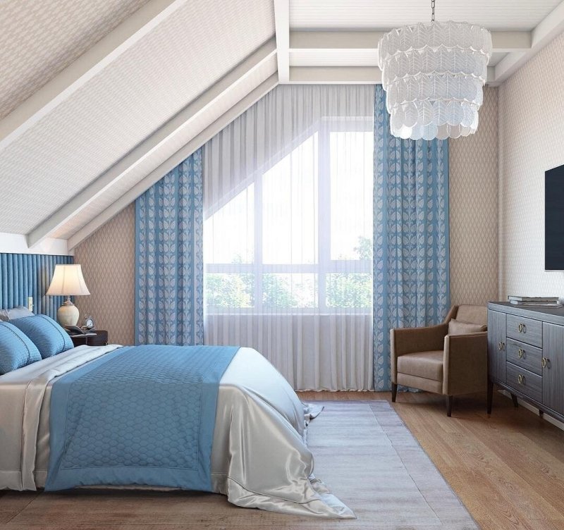 Bedroom on the attic design with a beveled ceiling