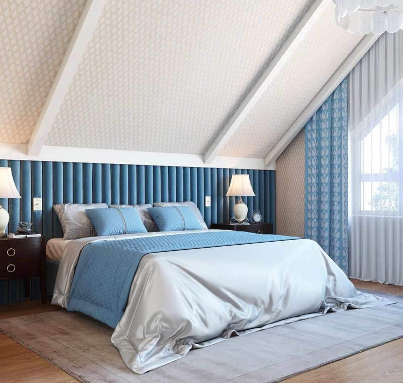 Bedroom on the attic design with a beveled ceiling