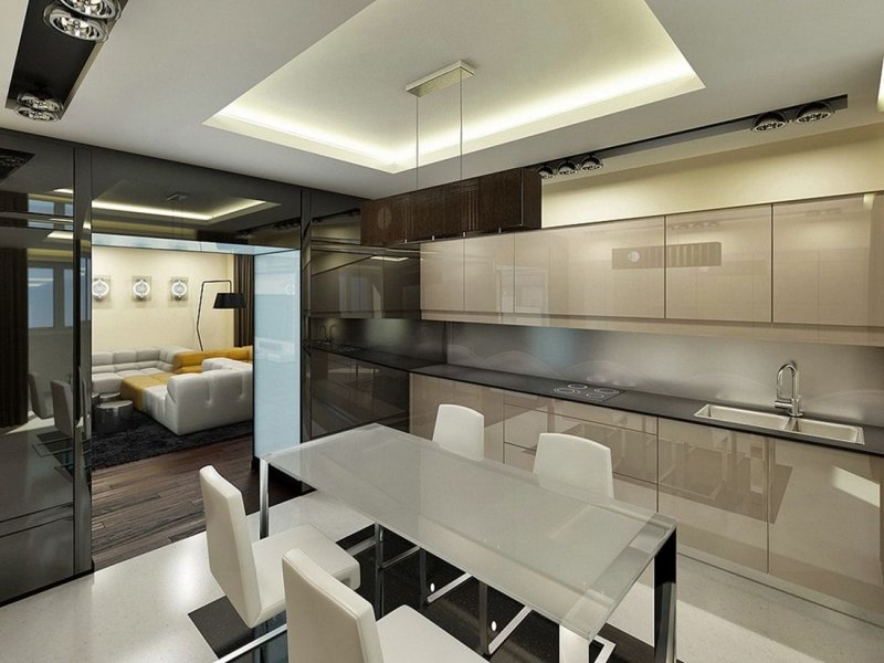 The design of the kitchen of the living room in modern style