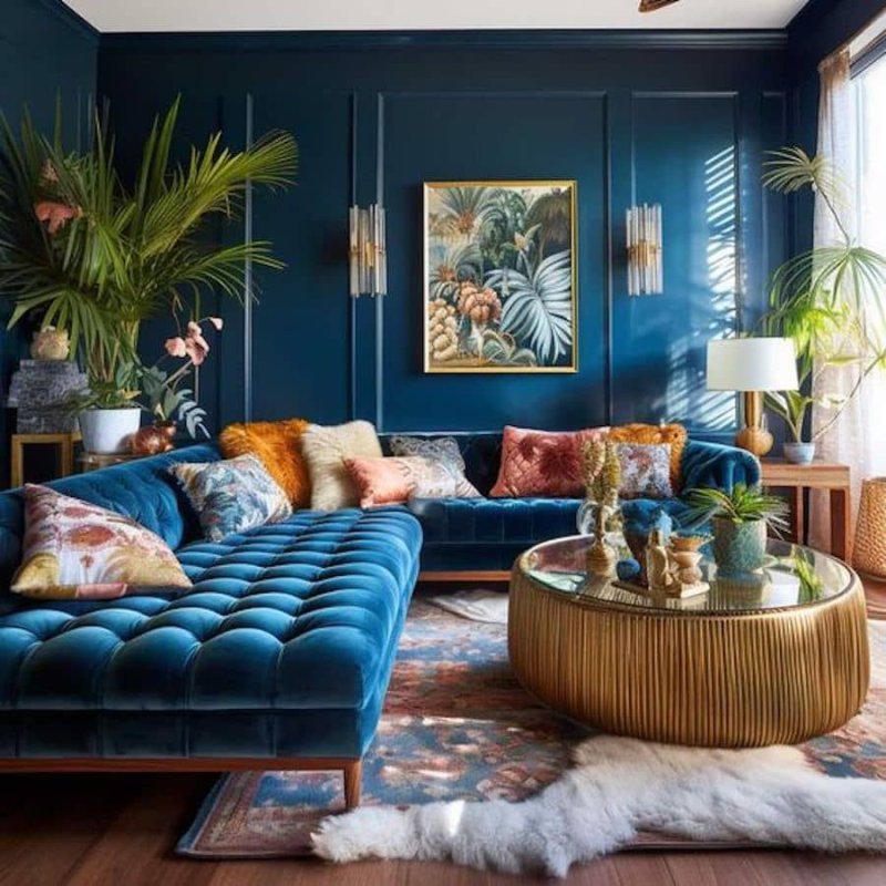 Interior with a blue sofa