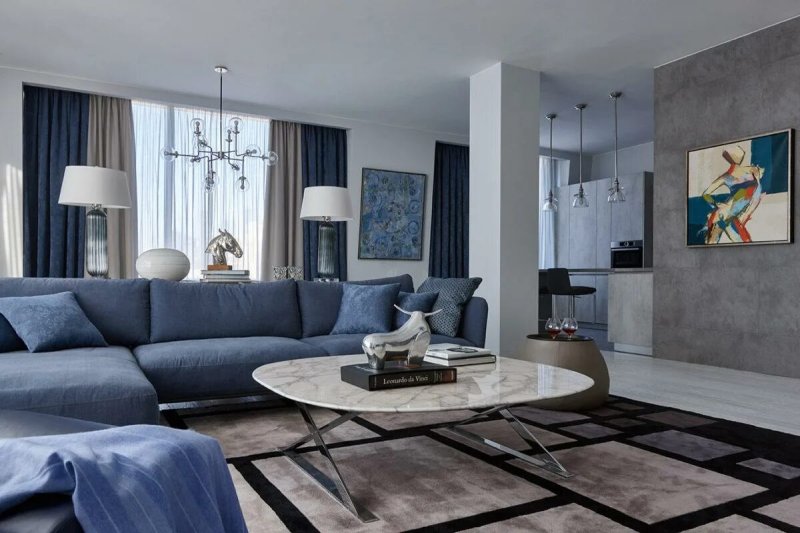 Living room in gray blue tones