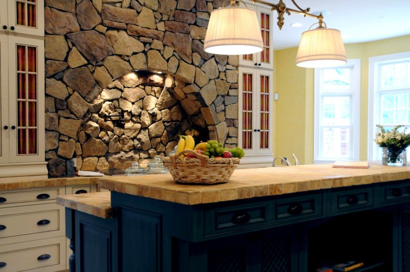 Decorative stone in the interior of the kitchen