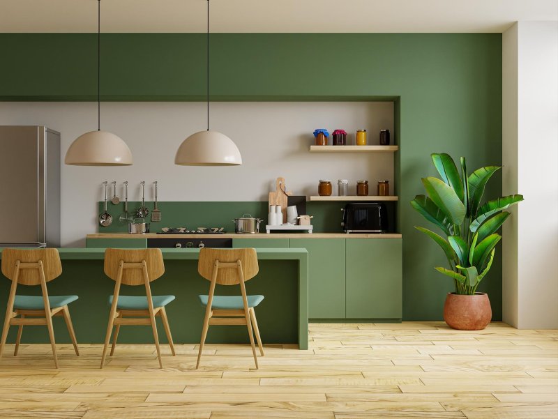 Pistachio color in the interior of the kitchen