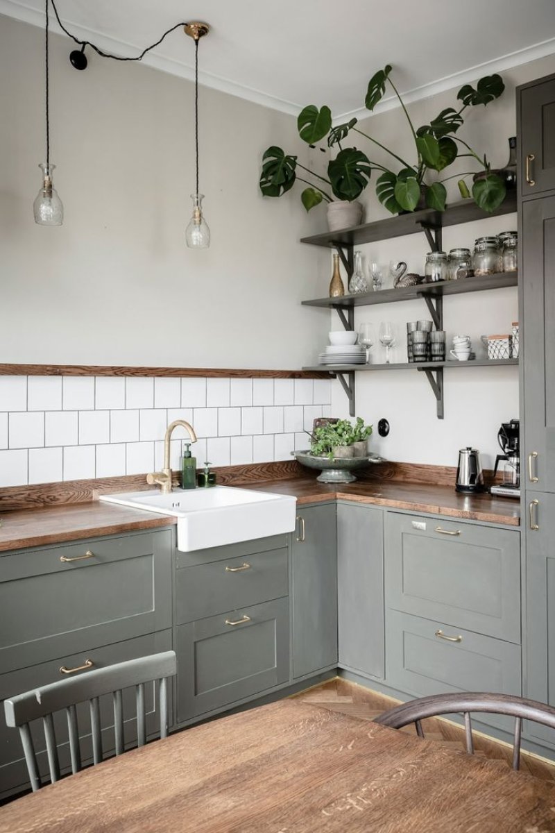 Ikea kitchen gray with wooden countertop