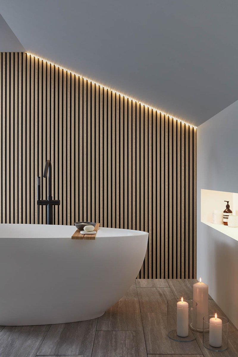 Wooden rails on the ceiling in the bathroom