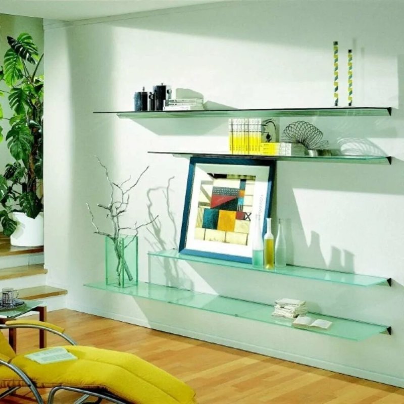 Glass shelves in the interior of the living room