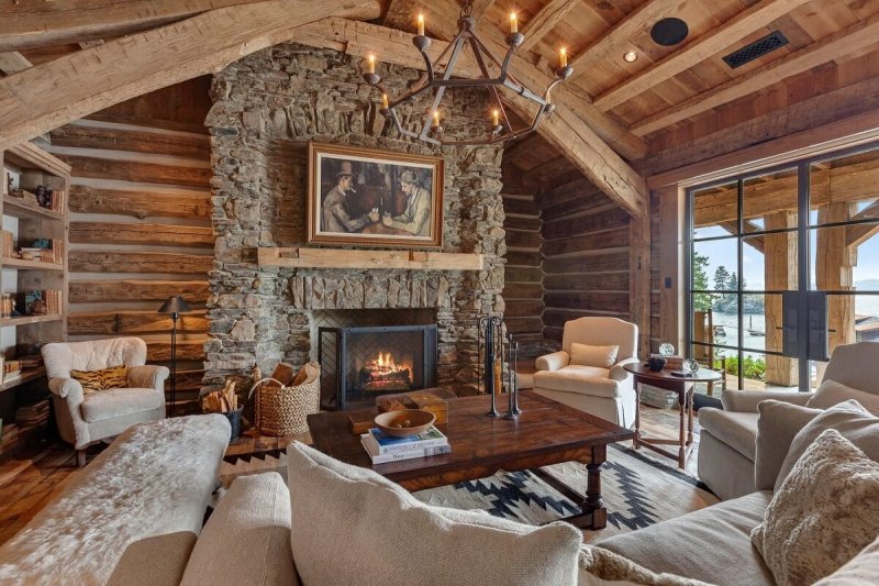 The interior of a log house in a modern style