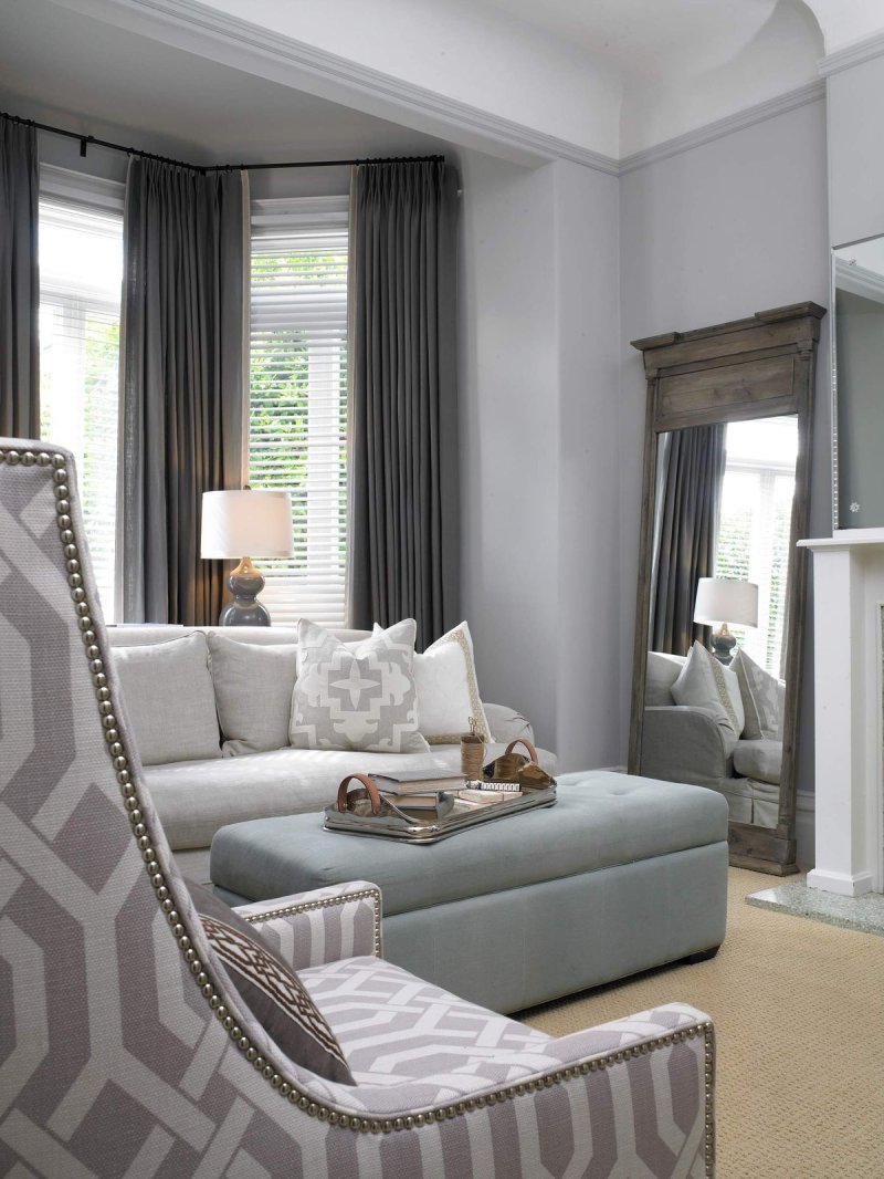 Gray curtains in the interior of the living room