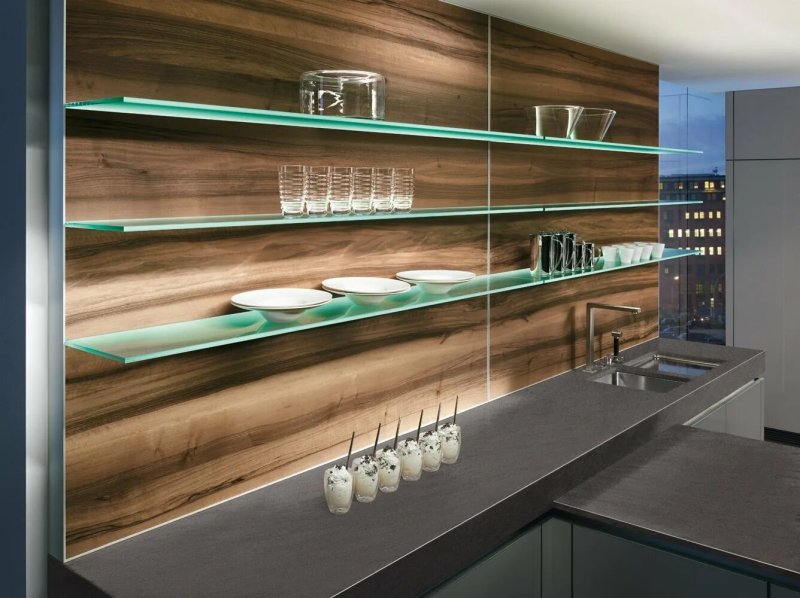 Glass shelves in the kitchen