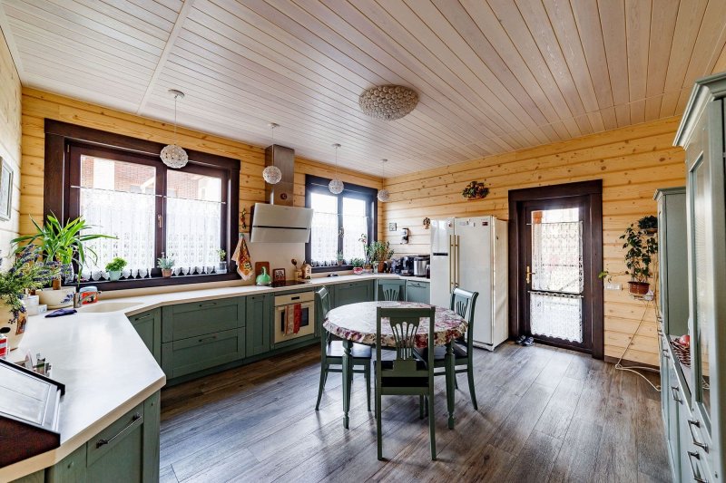 Kitchen interior in a wooden house