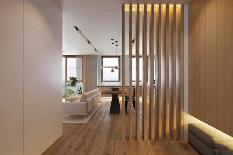 Wooden partition for zoning a room