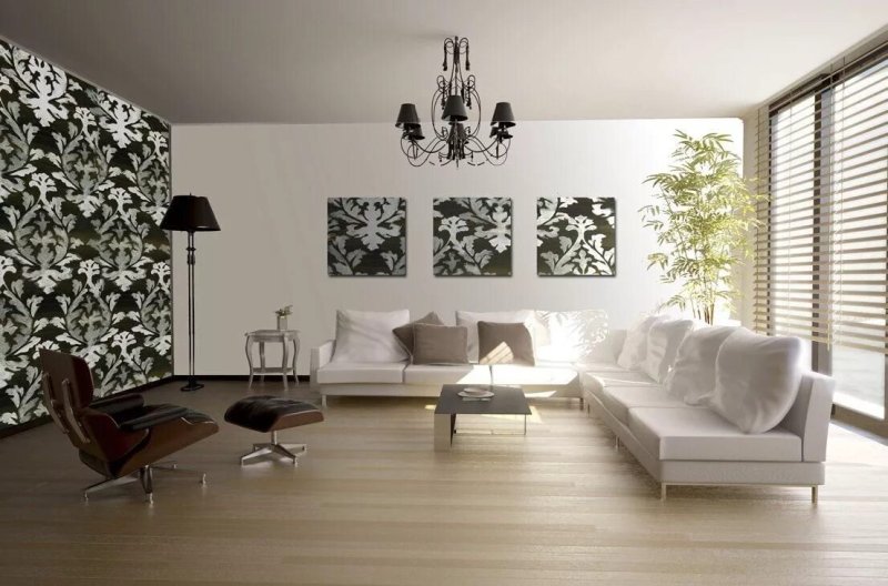 Living room interior with wallpaper