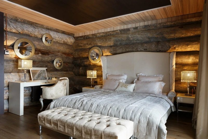 Bedroom design in a wooden house