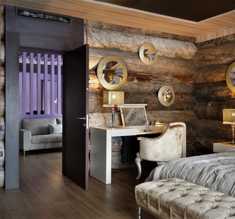 Bedroom interior in a wooden house