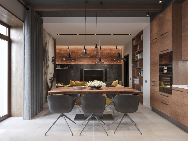 Loft kitchen in a wooden house