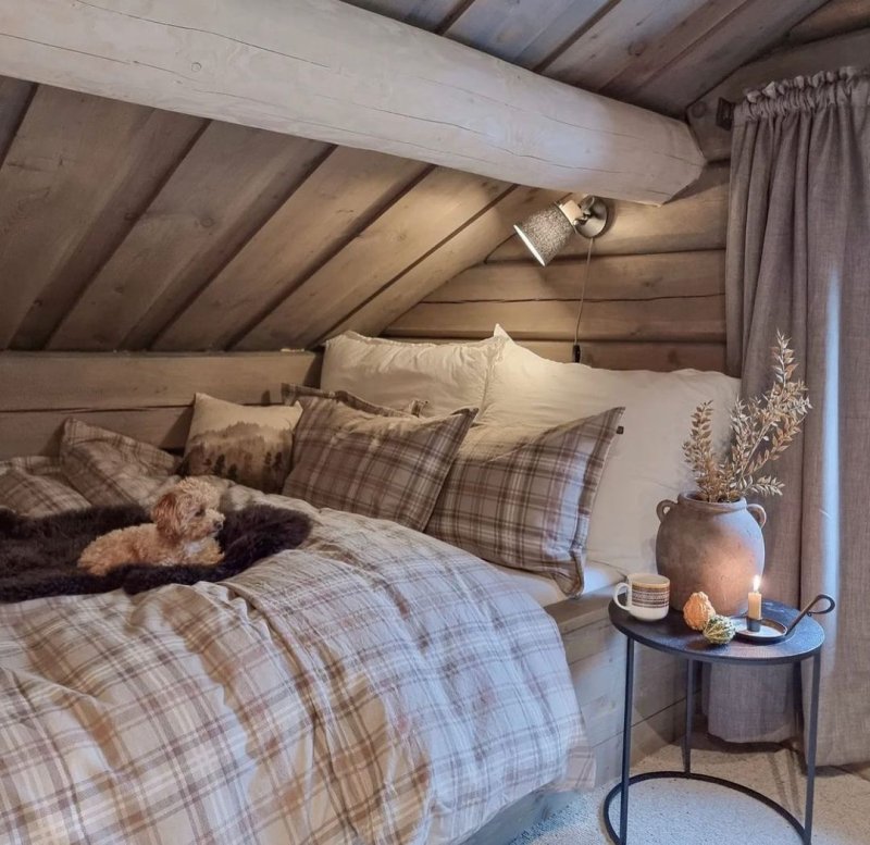 Bedroom interior in a wooden house