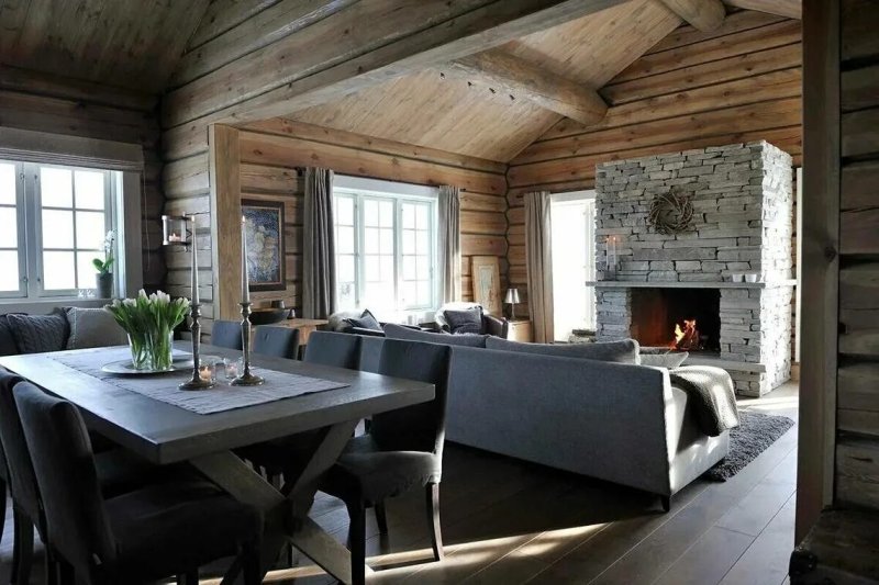 The interior of a wooden house in the Scandinavian style