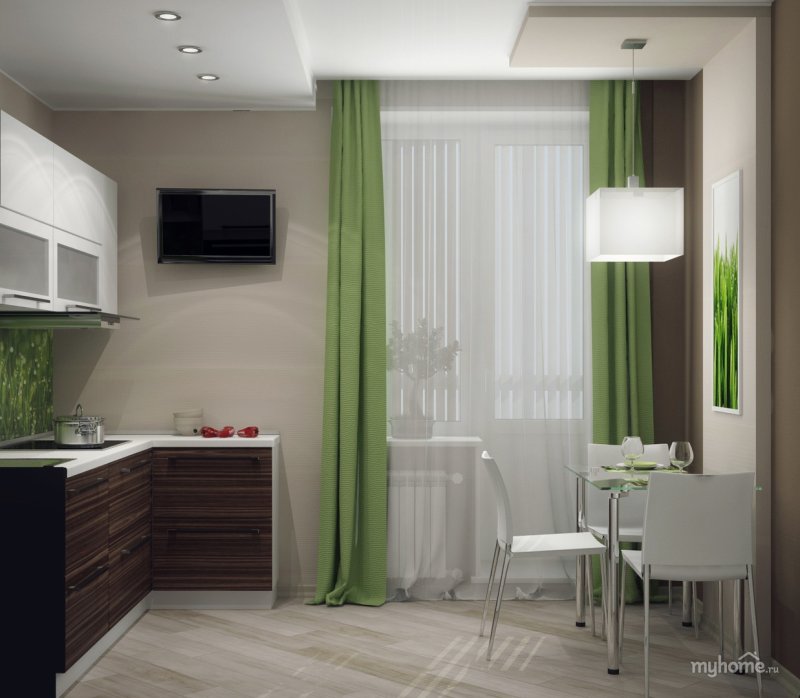 Kitchen with green curtains