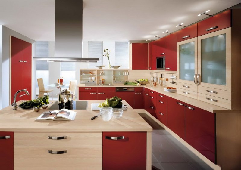 Red kitchen in the interior