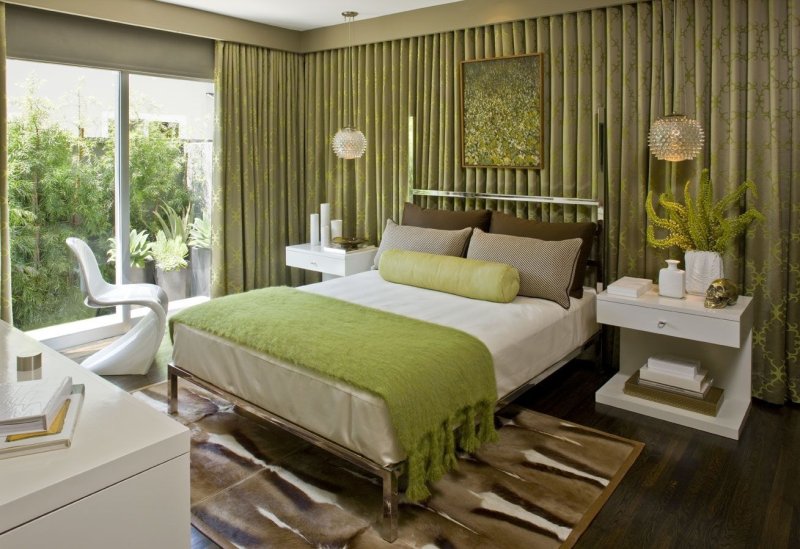 The interior of the bedroom in olive tones